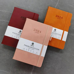 2024 new hot sale leather strap English calendar book 365 days daily office planner A5 multi-colour agenda notebook
