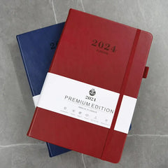 2024 new hot sale leather strap English calendar book 365 days daily office planner A5 multi-colour agenda notebook