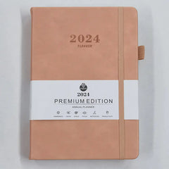2024 new hot sale leather strap English calendar book 365 days daily office planner A5 multi-colour agenda notebook