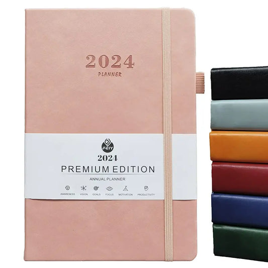 2024 new hot sale leather strap English calendar book 365 days daily office planner A5 multi-colour agenda notebook