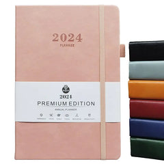 2024 new hot sale leather strap English calendar book 365 days daily office planner A5 multi-colour agenda notebook