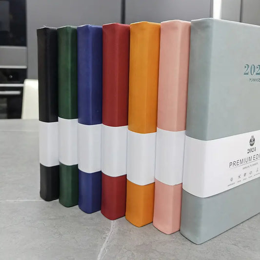 2024 new hot sale leather strap English calendar book 365 days daily office planner A5 multi-colour agenda notebook