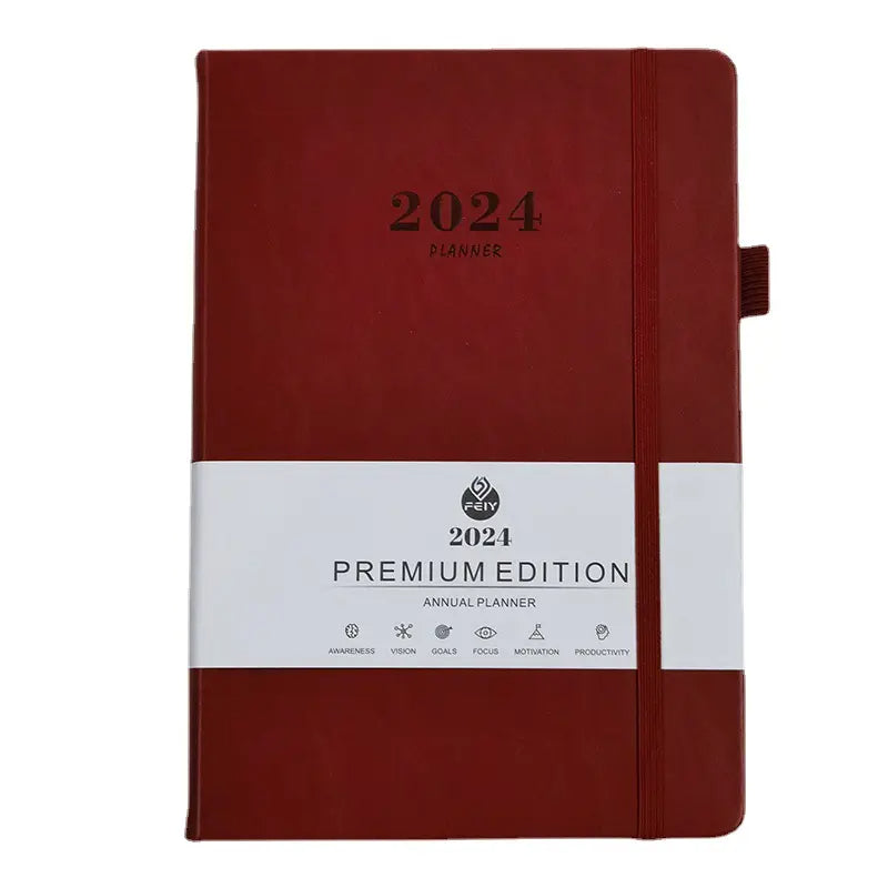 2024 new hot sale leather strap English calendar book 365 days daily office planner A5 multi-colour agenda notebook